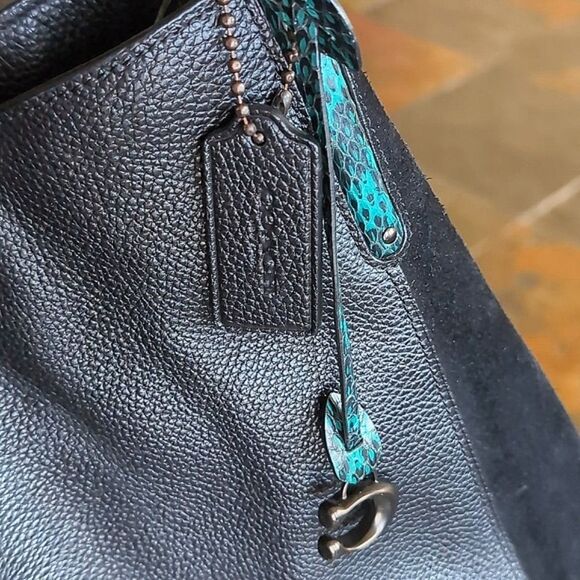 COACH Dalton ♣️Black Color Block Suede/Leather Turquoise& Black Snake Detail - Picture 5 of 17